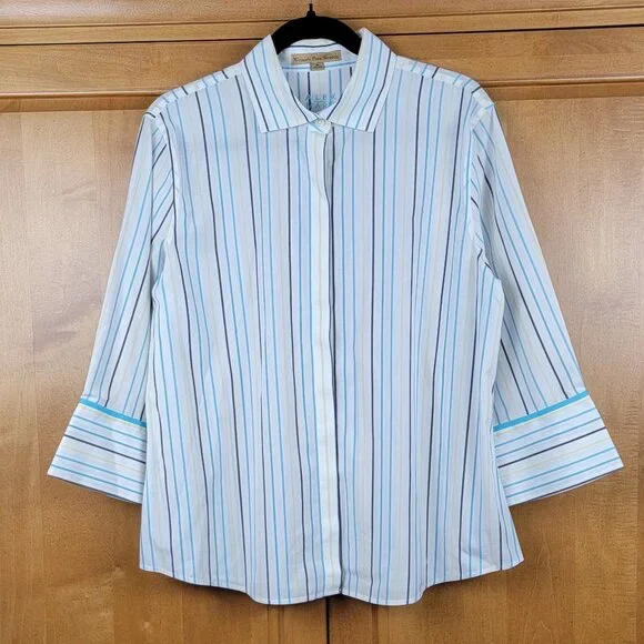 Alex Marie Teal Black Yellow Stripe Wrinkle Free Stretch 3/4 Sleeve Shirt - 16 - Picture 4 of 7